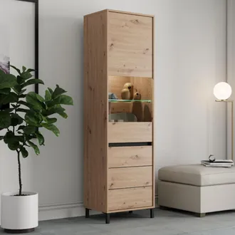 Dmora Vetrina Ovodda, Mobile Espositore 4 Ripiani, 2 Ante, Con Piedini, Anta E Ripiano Dettaglio Vetro, 55x40x193h Cm Marrone Rovere Nodi
