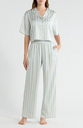 Open Edit Boxy Everyday Satin Pajamas in Blue- Green Charlie Stripe at Nordstrom, Size X-Small