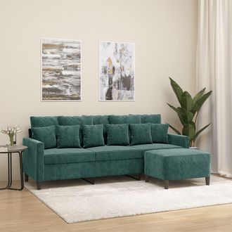 vidaXL Sof&aacute; De 3 Plazas Con Taburete De Terciopelo Verde Oscuro 180 Cm Vidaxl