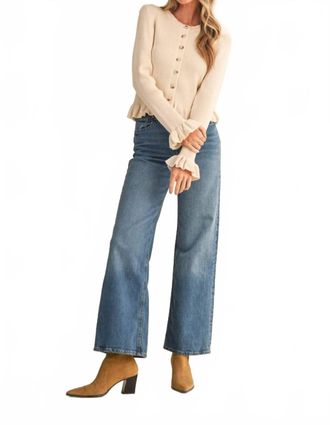 Merci Ruffle Hem Ribbed Knit Cardigan In Egg Shell