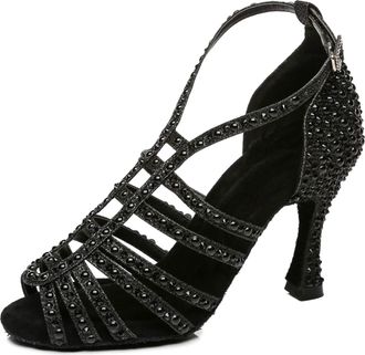 Minitoo Womens Latin Ballroom Crystals Dance Shoes Wedding Sandals L438 Black 9cm Heel UK 4.5