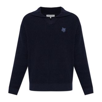 Maison Kitsun&eacute; V-neck Knitwear, male, Blue, Size: XL Fox Head Cotton Ribbed Polo Jumper