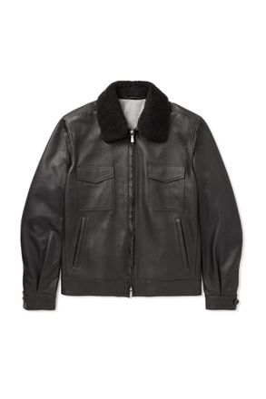 Eleventy Shearling-Trimmed Leather Bomber Jacket