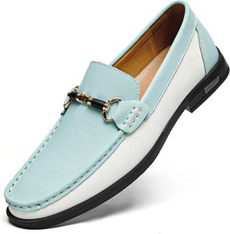 Generic Mens Leather Dress Loafers Classic Slip-on Penny Loafer Moccasins with Metal Buckle Two-Tone Casual Walking Business Driving Shoes (Blue,11.5)