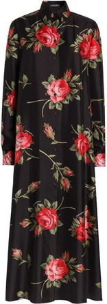 Dolce & Gabbana Long Black Silk Dress With Floral Print