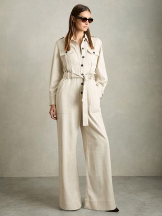 Reiss Cream Wide Leg Utility Jumpsuit, 16