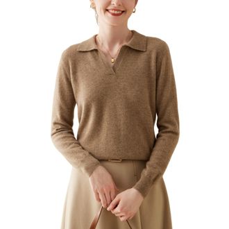 Dissa Women Cashmere Jumper Brown Classic Collar Knitted Jumper Long Sleeve Relaxed Cashmere&Wool Thin Plain Ladies Sweater,UK 14,MA904