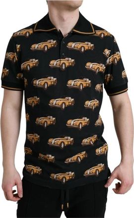 Dolce & Gabbana Zwart poloshirt met korte mouwen en autoprint - Heren - Polos - Zwart - XS - Katoen - Tops