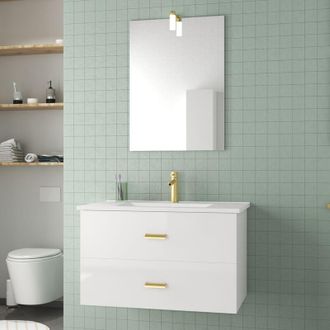Aurlane Mueble de baño 80 cm Lacado Blanco y Oro Dorado 2 Cajones - Lavabo y Espejo Aplique Led