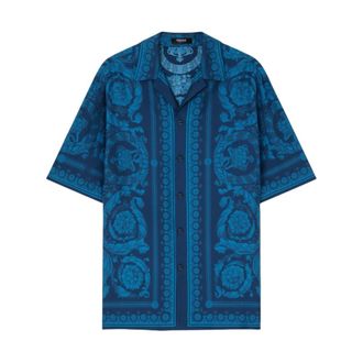 Versace Short Sleeve Shirts, male, Blue, Size: L Printed Silk Twill Slim Shirt