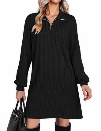Fengbay Jumper Dress for Women UK Ladies Casual Long Sleeve Ribbed Knitted Lightweight Sweater Dresses for Autumn Winter Black