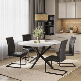 Vicco Set De Mesa De Comedor Loyd, Blanco/negro, 120 X 120 Cm Con 4 Sillas De Comedor, Negro, Vicco