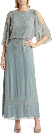 Pisarro Nights Beaded Cold Shoulder Blouson Cocktail Dress in Teal at Nordstrom, Size 18