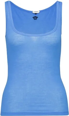 Versace Tops, Dames, Blauw, XS, Wol, Geborduurd Ribgebreid Wol Tanktop