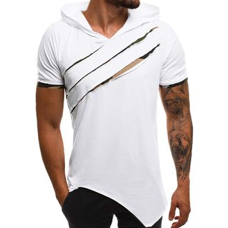 Generic Short Sleeve Hoodies for Men Hipster Hip Hop Ripped Tshirts Shirts Summer Casual Athletic Pullover Tops Workout Tees Hoddie para Hombre(White, M)