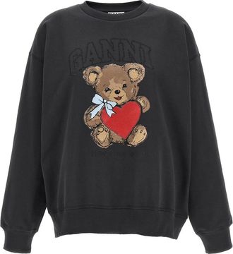 Ganni Black Crewneck Printed Sweatshirt