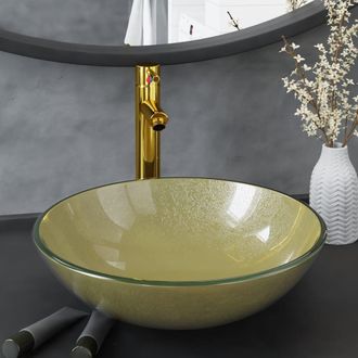 Berkfield Home Bathroom Sink with Tap & Push Drain Gold Tempered Glass