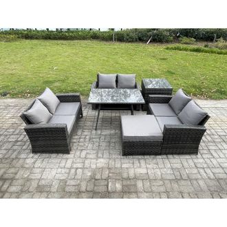 Fimous 7 Seater Rattan Wicker Garden Furniture Patio Conservatory Sofa Set with Rectangular Dining Table Love Seat Sofa Big Footstool Side Table - Fimous