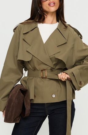 Princess Polly Eldora Double Breasted Belted Crop Trench Coat in Green at Nordstrom, Size 12