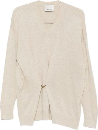 Isabel Marant Ecru V-hals trui met Metalen Detail - Dames - Ronde hals truien - Beige - S - Truien & Vesten