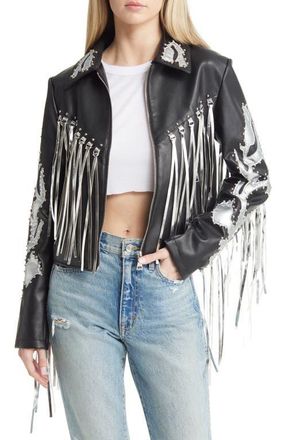 Azalea Wang Western Fringe & Stud Faux Leather Jacket in Black at Nordstrom, Size Large