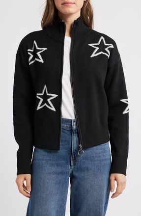 Bobeau Star Zip Cardigan in Black at Nordstrom, Size X-Large