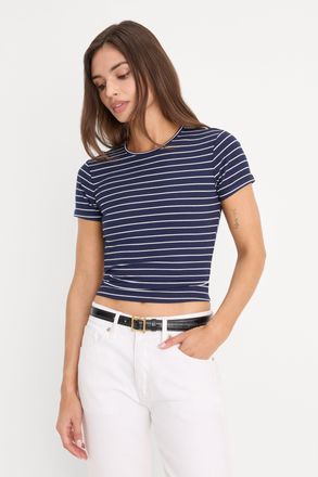 Good American Womens The Rib Baby T-Shirt | Simple Stripe Horizon Ink, Size Medium | Good American by Khlo&Egrave; Kardashian