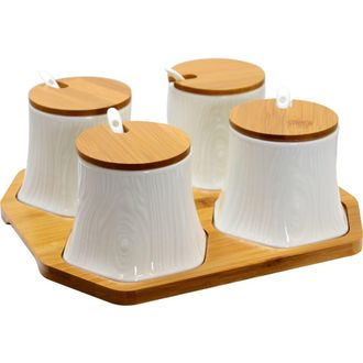 Elama Ceramic Spice, Jam and Salsa Jars with Wood Lids & Serving Spoons in White at Nordstrom