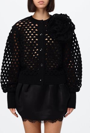 Blumarine Openwork Wool Cardigan with Balloon Sleeves and Flower Appliqu&eacute;