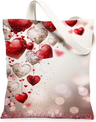 Generic ValentineS Day Hearts Canvas Tote Bags, Love Pattern Reusable Grocery Bags, Lightweight Washable Shoulder Strap Canvas for, Red, 13x15 Inch