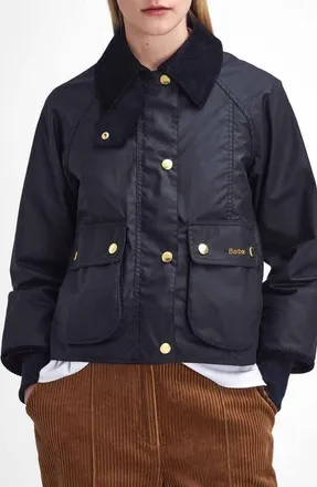 Barbour Beadnell Crop Waxed Cotton Jacket in Black/classic at Nordstrom, Size 6