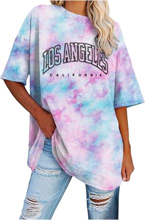 Generic Plus Size T Shirts for Women Los Angeles Party Summer Walking Cycling Letter Printed Long Top Sports Oversized Teenager T-Shirt B-Pink