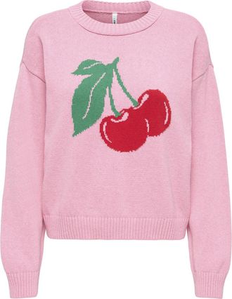 Only Strickpullover ONLY ONLELISE LS O-NECK KNT, Damen, Gr. XL, romance rose pattern:cherry, barbados rot, gr&uuml;n, Strick, Obermaterial: 59% Polyester, 41% B