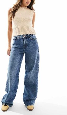 Pieces Selma high waisted wide leg jeans in medium blue rinse