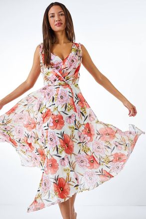 Roman Floral Chiffon Hanky Hem Asymmetric Dress