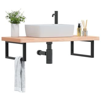 Berkfield Home Basin Shelf Wall Mounted Steel & Solid Wood Beech in Brown