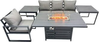 Fimous Fimous 4 Seat Outdoor Garden Furniture Set Aluminium Lounge 3 Seat Sofa Gas Fire Pit Table Sets with Chair 2 Side Tables Dark Grey