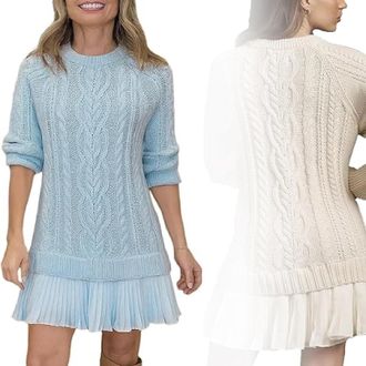 Generic 2025 Womens Cable Knit Sweater Dress Crewneck Patchwork Pleated Dresses Style Long Sleeve Mini Dress (Light Blue,S)