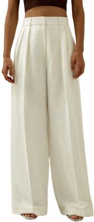 LilySilk Front-Pleated Silk-Linen Blend Trousers in Natural White at Nordstrom, Size 12