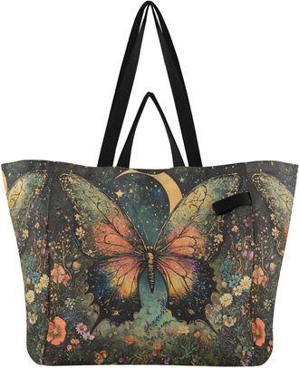 Generic Butterfly Yellow Moon Stars print Reusable Canvas Tote Bag, Heavy Duty Grocery Shopping Bag with Double Handles Large Capacity Hard Bottom Work Grocer