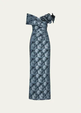 Teri Jon 3D Floral Metallic Jacquard Column Gown