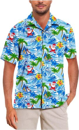 Generic Holiday Hawaiian Shirt for Men Women Christmas Hawaiian Shirts Festive Summer Beach Short Sleeve Button Down Blue