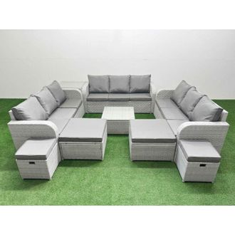 Fimous Fimous 13 Seater Outdoor Garden Furniture Set PE Rattan Lounge Sofa Set with Coffee Table 3 Seater Sofa 4 Footstools Side Table Light Grey
