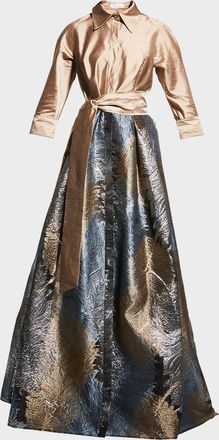 Teri Jon Taffeta Shirtdress w/ Feather Metallic Jacquard