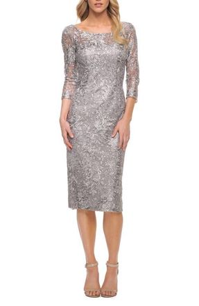 La Femme Metallic Lace Sheath Dress in Silver at Nordstrom, Size 10