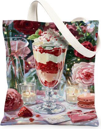 Generic Floral Dessert Canvas Tote Bags, Roses and Sweet Pattern Reusable Grocery Bags, Spring Vintage Chic Lightweight Washable Ca, Peach, 13x15 Inch