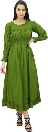 Bimba Womens Cotton Smocked Waist Long Casual Maxi Dress Green