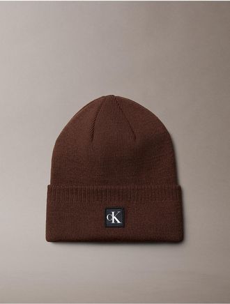 Calvin Klein Mens Monogram Embroidery Cuff Beanie - Brown