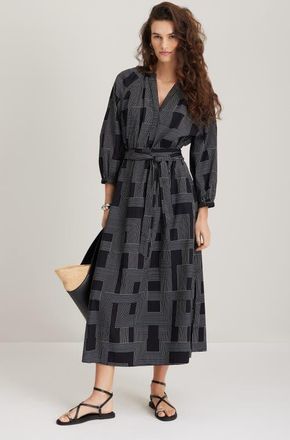 Nordstrom Long Sleeve Belted Cotton Poplin Maxi Dress in Black- Ivory Stripe Mix at Nordstrom, Size Xx-Small