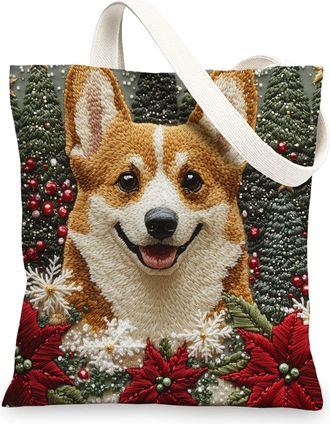 Generic Christmas Corgi Dog Canvas Tote Bag for Shopping 13x15, Knitting Winter Puppy Reusable Grocery Print Pattern Bag for Women Men, Pet New Year Aesthetic